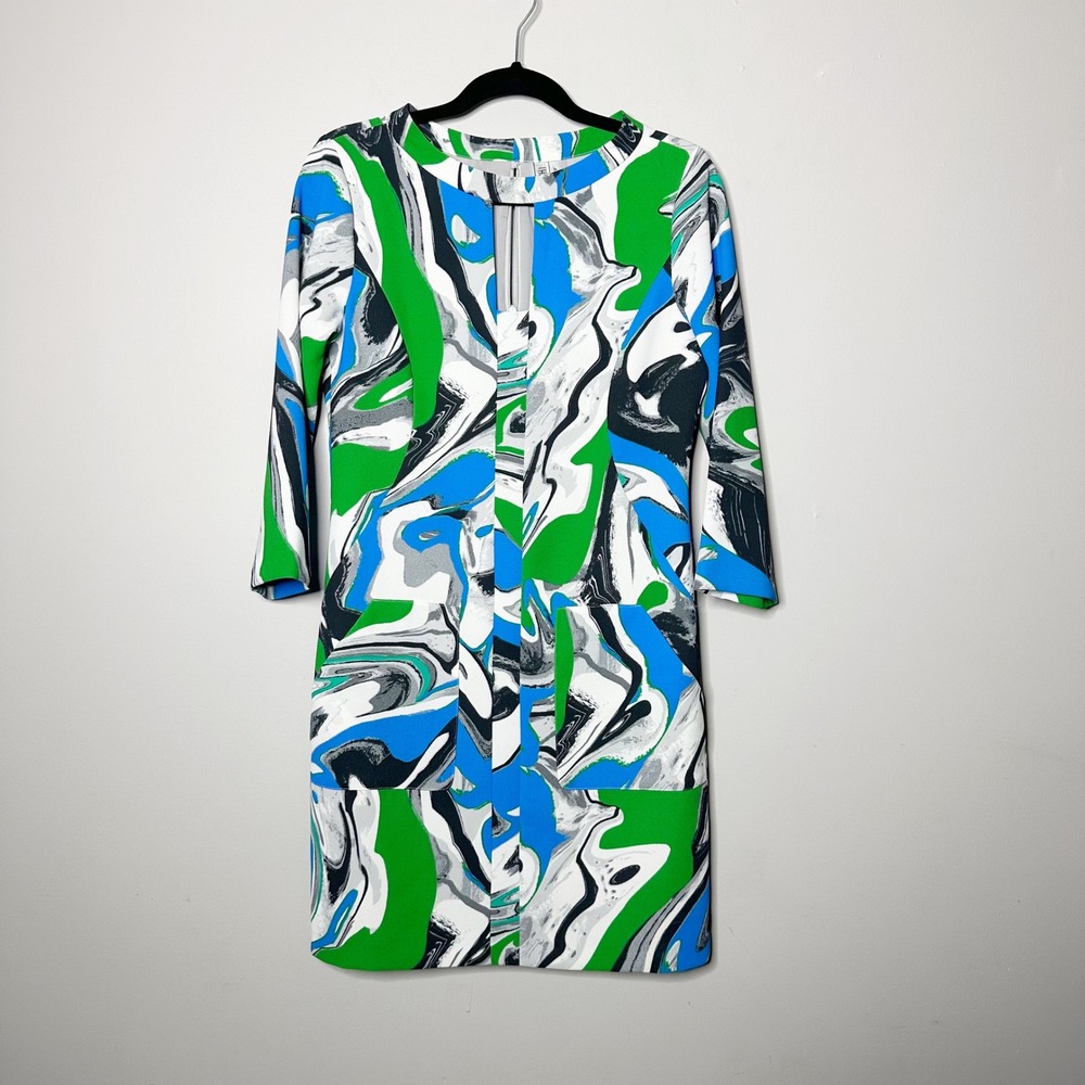 Yoana Baraschi Shift Dress Womens 4 Green Marble Swirl Print  Keyhole Mod Mini